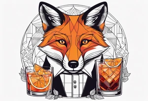 Adult male fox with Negroni in short lowball cocktail glass with ice and orange peel with disco background tattoo idea