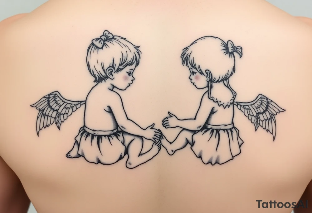 Zwei kleine mädchen sitzen sich gegenüber eine hat einen Dutt die andere einen Zopf und sie berühren sich an den Fußsohlen tattoo idea