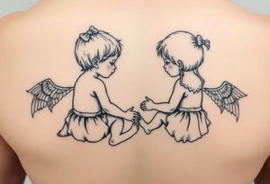 Zwei kleine mädchen sitzen sich gegenüber eine hat einen Dutt die andere einen Zopf und sie berühren sich an den Fußsohlen tattoo idea