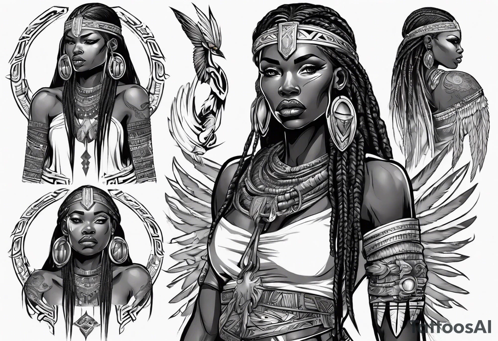 African female valkyre warrior full body angelic
slim long face long braided hair descending from heaven tattoo idea