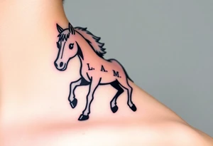 horse silhouette 
from the front which gallops from the front, with the 3 small letters discreetly integrated: L, A, M tattoo idea