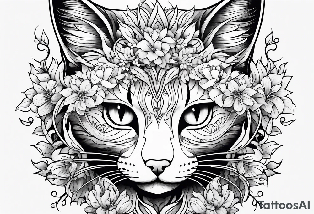 Anime cat covered in flowery vines, forearm tattoo tattoo idea