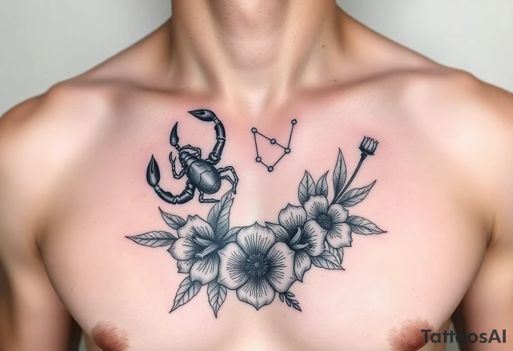 A medium tattoo including the constellation of Scorpio & Virgo as well as the flowers associated with October & September tattoo idea