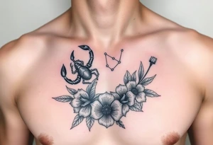 A medium tattoo including the constellation of Scorpio & Virgo as well as the flowers associated with October & September tattoo idea