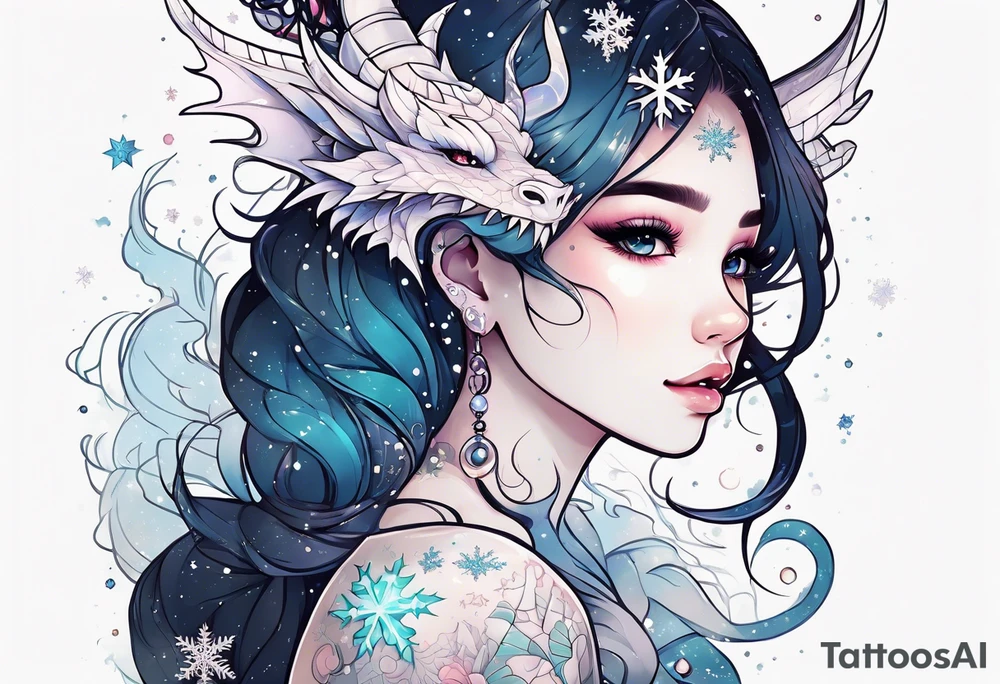 Constellation, kawaii dragon girl , snowflake tattoo idea