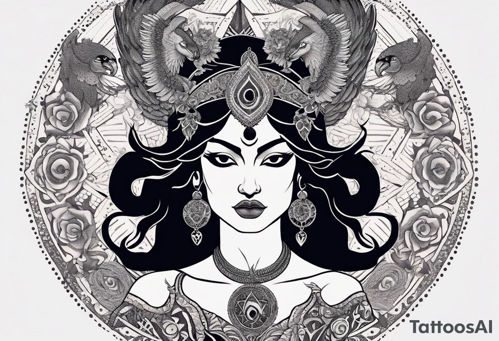 black kali, goddess pirate, alien, angel, pachamama, valkrye, warrior, flying, skull, lotus azul, wing, eagle, zenza resonance, stars, 5D, anahata chakra, death, durga, riding on a tiger, flying lady, kundalini, chest tatoo, samuri, rebel,serpent tattoo idea