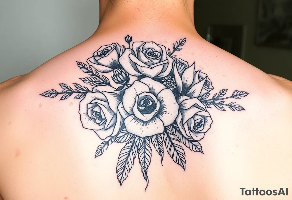 vintage bouquet of wild roses and meadow flowers with morning dew tattoo idea