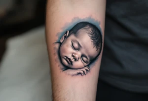 A realistic portrait of a sleeping baby boy in black and grey, with a soft blue background fade. tattoo idea
