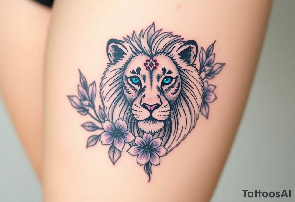 Lion with blue eyes surrounded by larkspur and water lily tattoo idea