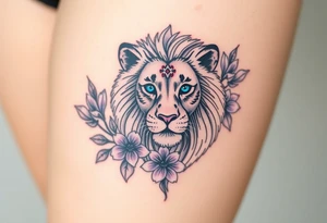 Lion with blue eyes surrounded by larkspur and water lily tattoo idea