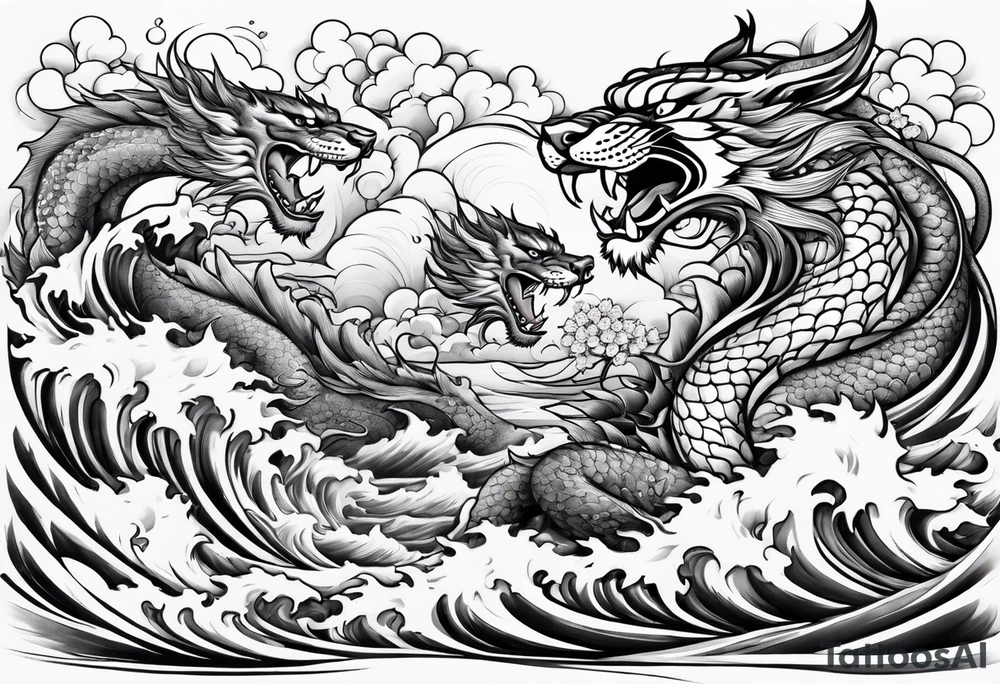 Majestic dragon and fierce tiger in waves and cherry blossoms tattoo idea