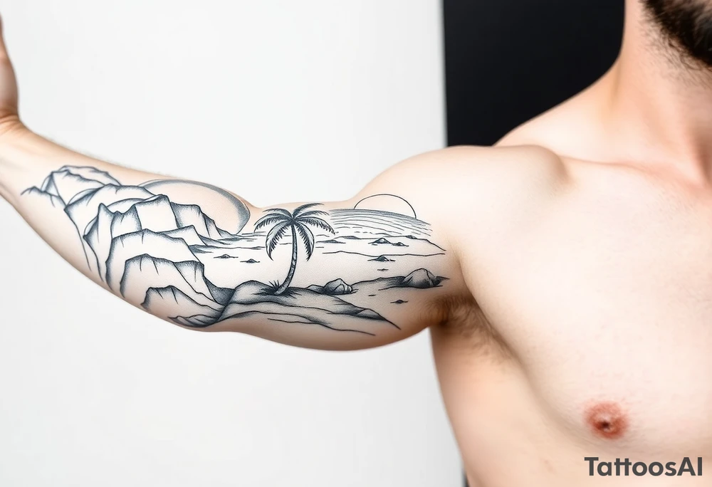 fine line, peaceful, serene, timeless, ocean, sand, palm tree, sun tattoo idea