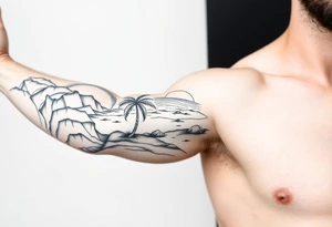 fine line, peaceful, serene, timeless, ocean, sand, palm tree, sun tattoo idea