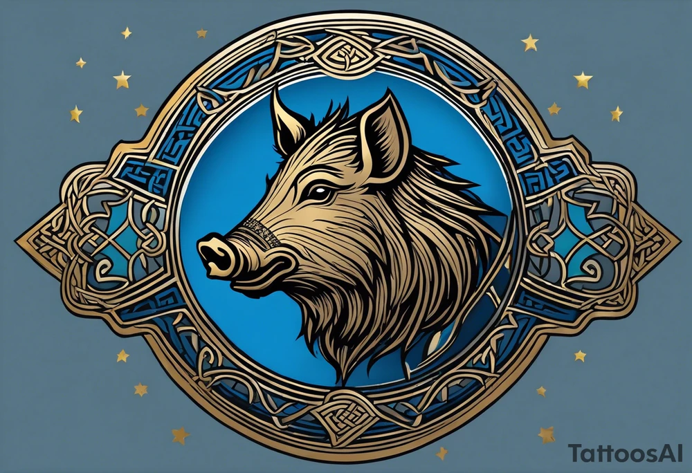 Side profile, Celtic, tribal, wild boar, On a Chatwin family crest with blue background, two gold stars, and a gold Chevron, and a Thistle. With bold black tribal lines. ancient Celtic, tribal boar tattoo idea