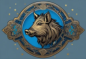Side profile, Celtic, tribal, wild boar, On a Chatwin family crest with blue background, two gold stars, and a gold Chevron, and a Thistle. With bold black tribal lines. ancient Celtic, tribal boar tattoo idea