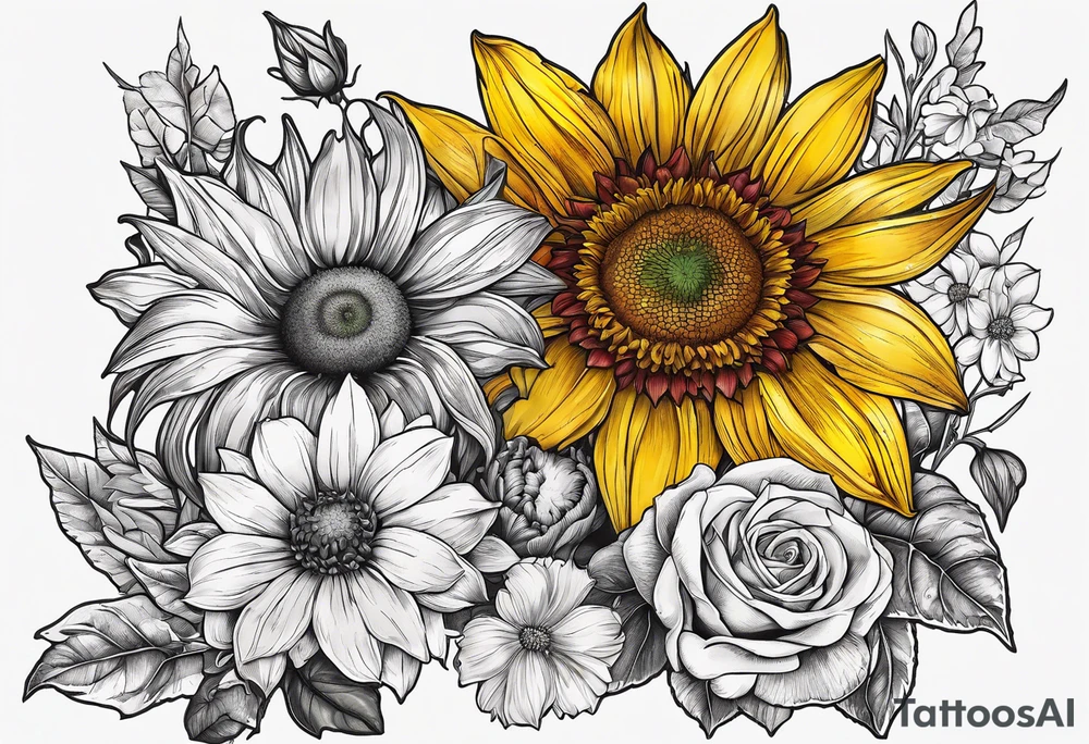 Sunflower daffodil, daisy, rose, Adler, chrysanthemum, holly Birth flower tattoo idea