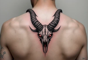 Demonic goat head – A heavily detailed goat skull with twisted horns, glowing red eyes, and blackened bone texture, in dark gray and deep crimson. tattoo idea