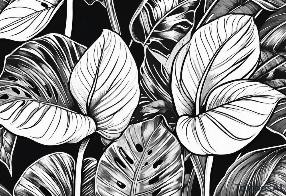 Tropical leaves with anthurium and Alocasia line work sleeve tattoo idea