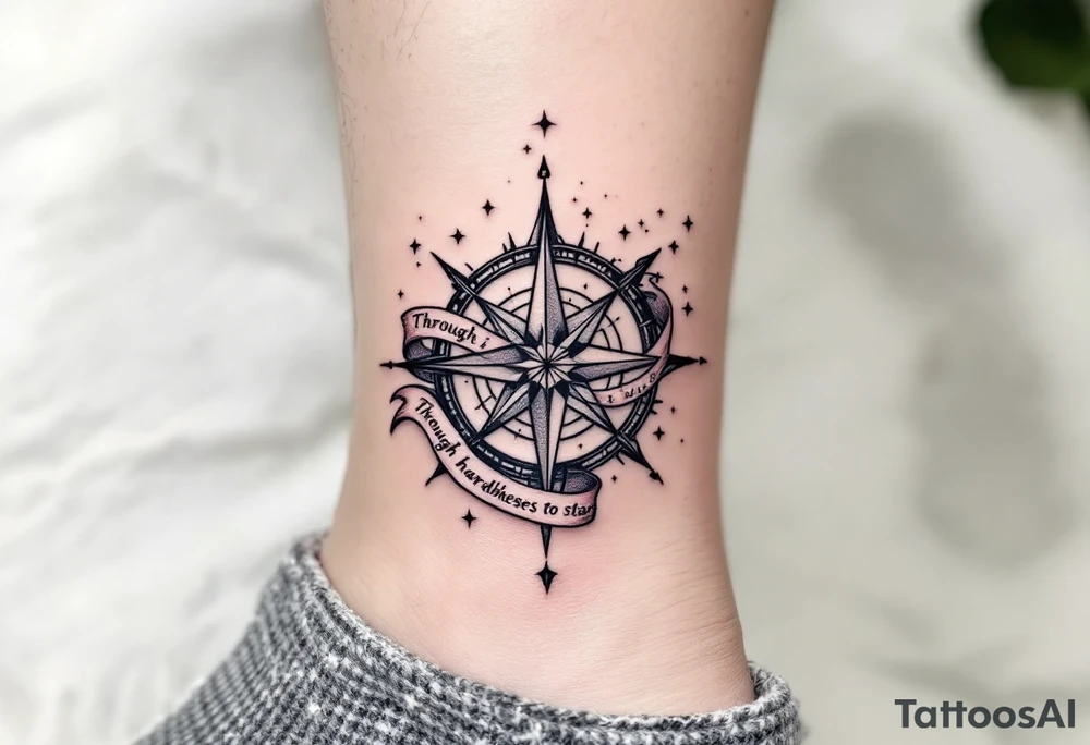 Wrapped in a crimson banner, the phrase “Through hardships to the stars” winds around a black-inked compass rose. tattoo idea