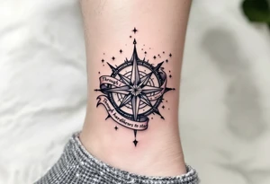Wrapped in a crimson banner, the phrase “Through hardships to the stars” winds around a black-inked compass rose. tattoo idea
