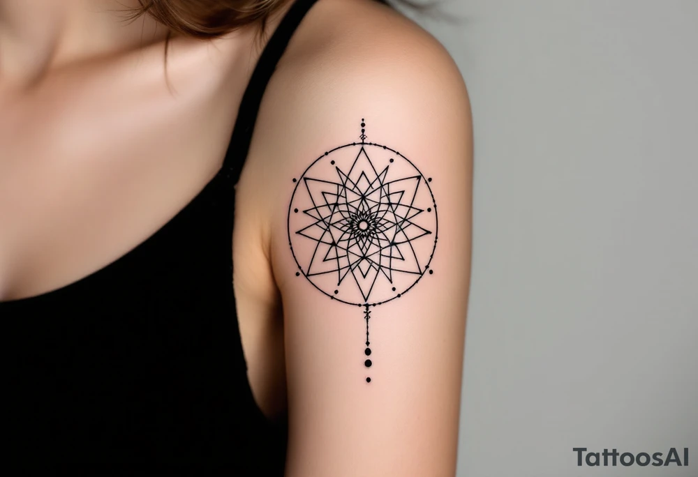 simple, minimalist tattoo, sacred geometry mandala, centerpiece design, dotwork patterns, radiating geometry, symmetrical mandala, geometric shapes, intricate dotwork, sacred patterns, mandala center, geometric radiating, fine line work, black grey shading, minimalist design, no outlines, arm placement, delicate linework, precise geometry, clean symmetry, sacred symbols, geometric precision, dotwork details, mandala focal point, refined patterns, understated complexity, geometric harmony, minimalist tattoo idea