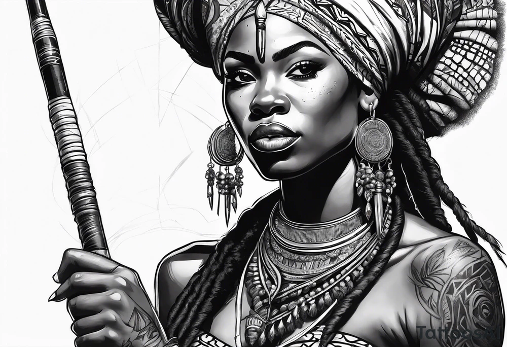 African woman warrior holding spear with deadlocks and earrings. tattoo idea