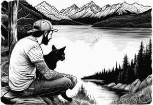 Man waking up trail with cat on side of him, Black Forest and mountains behind with lake tattoo idea