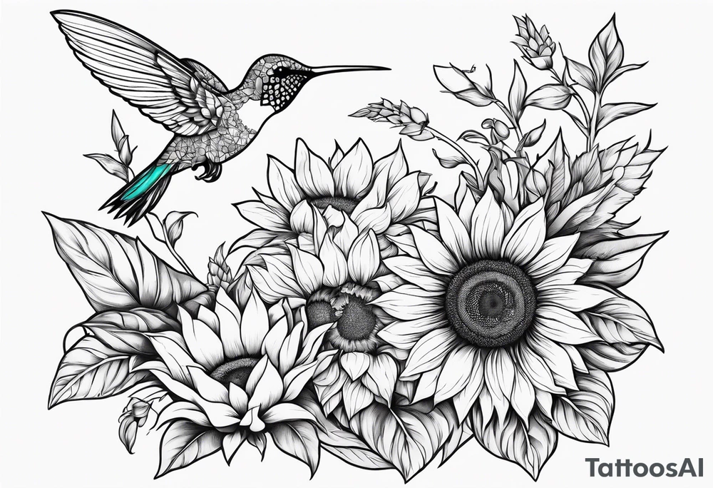 Hunnysuckle flowers with humming birds and sunflowers tattoo idea