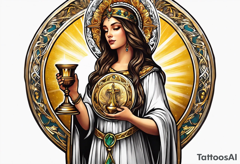 woman saint holding chalice surrounded by golden halo tattoo idea