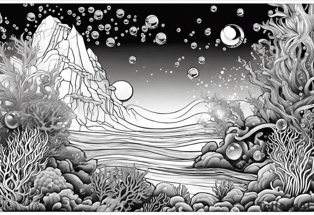 dark underwater coral reef with bubbles, flowing water lines, lost city of atlantis, Poseidon trident tattoo idea