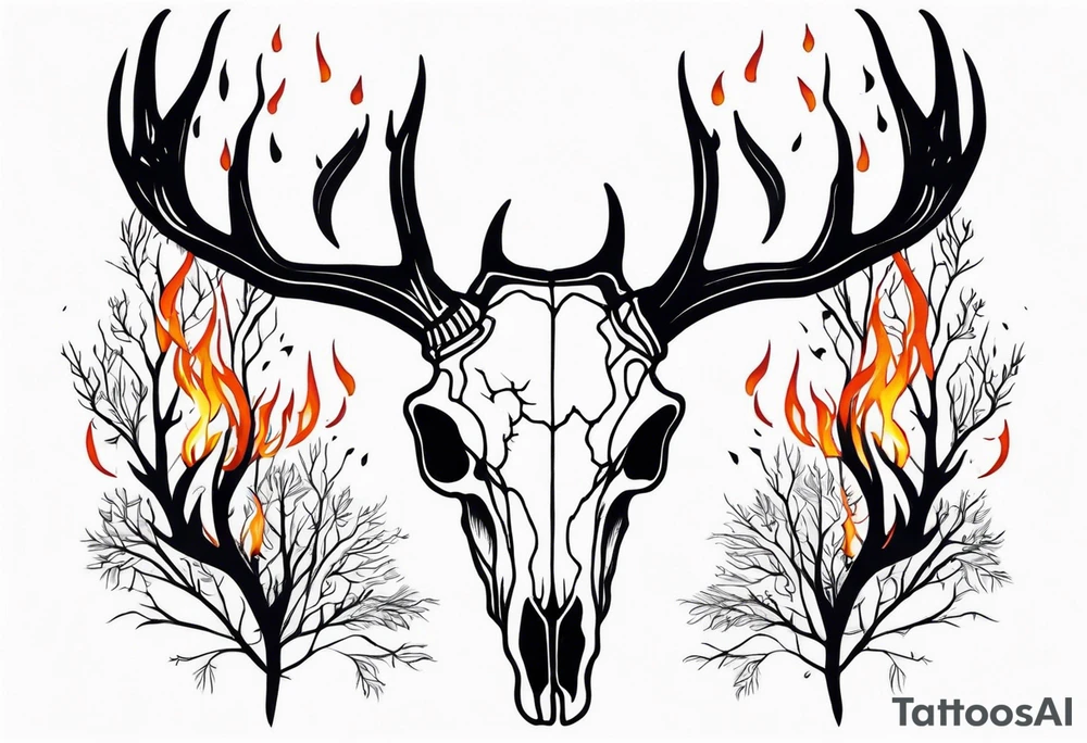 side profile of a DECAYING deer skull JUST BONE surrounded by a flames and trees tattoo idea