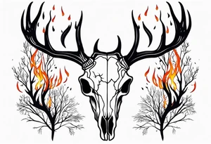 side profile of a DECAYING deer skull JUST BONE surrounded by a flames and trees tattoo idea