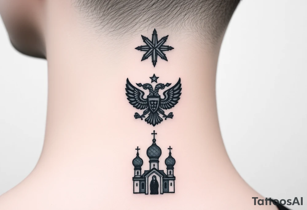 Stacked Vertical Column 

Russian star — small, bold
Middle: Miniature double-headed eagle — simplified, cleaner lines to suit the smaller space
Bottom: Orthodox church dome(s) with a small Virgin Mary silhouette beneath tattoo idea