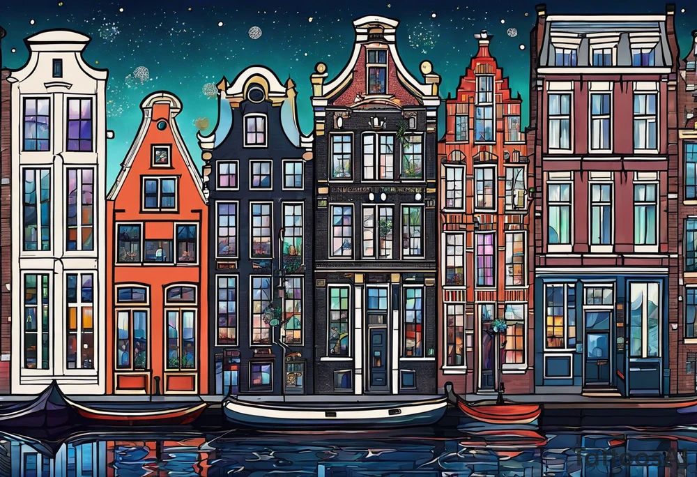 Amsterdam buildings and canal featuring animals in galaxy colours featuring glass tattoo idea