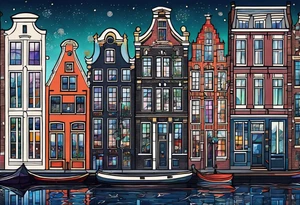 Amsterdam buildings and canal featuring animals in galaxy colours featuring glass tattoo idea
