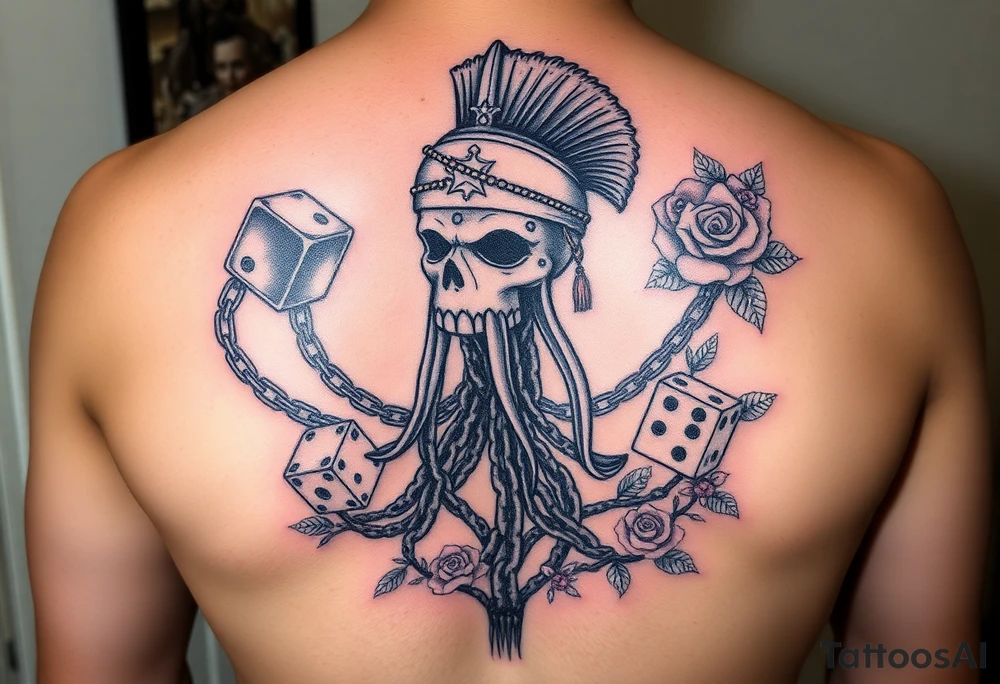 Squid and spartan and sailor hat combined with chains, tree roots, cherry blossoms and roses rolling dice tattoo idea