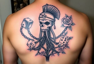 Squid and spartan and sailor hat combined with chains, tree roots, cherry blossoms and roses rolling dice tattoo idea