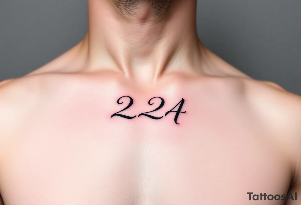 224 tattoo on ribcage under chest left side an elegant handwritten calligraphy style. The digits are slightly italicized with a smooth flowing script. The lines are clean, refined, and slightly bold at the base, giving a subtle brush-pen effect. tattoo idea