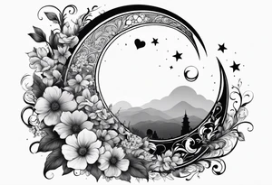 Crescent moon with a heart inside, shrouded by beautiful flowers with wisps of mist tattoo idea