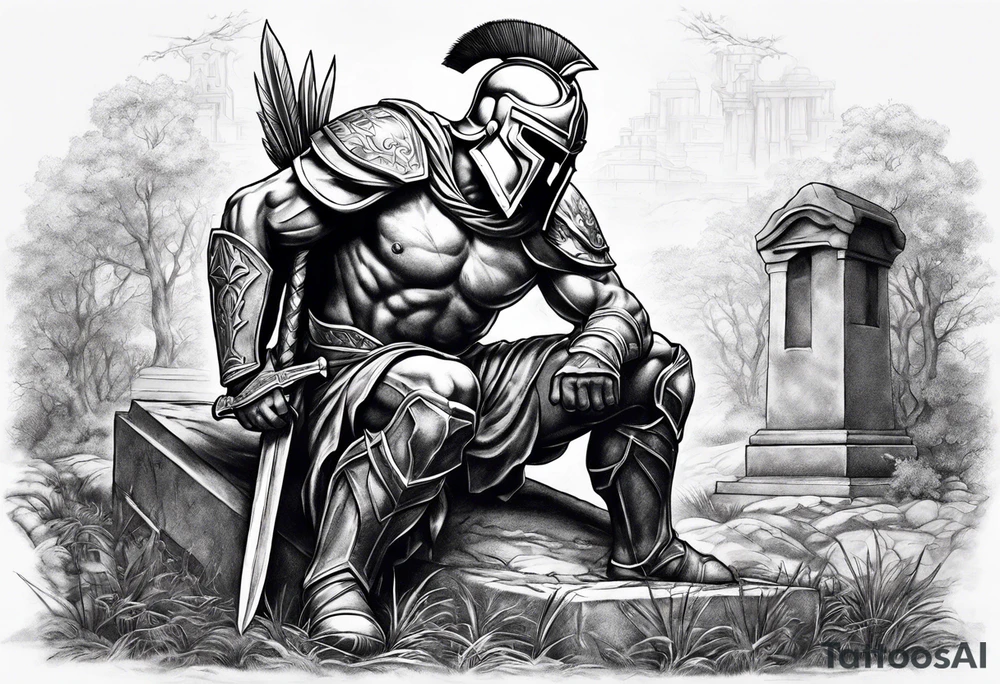 Spartan kneeling on a grave tattoo idea