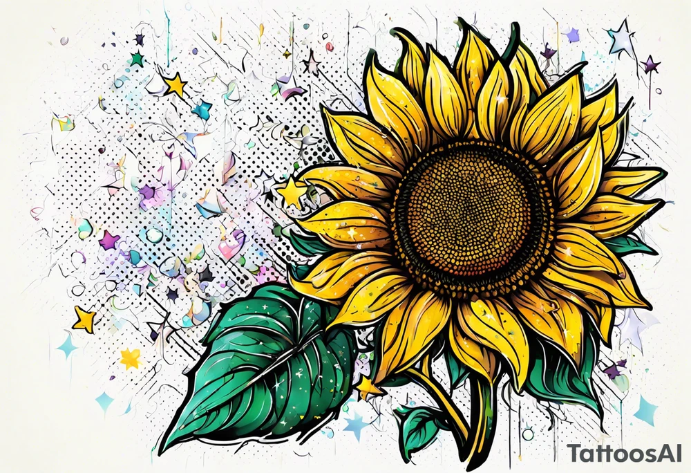 sunflower surrounded with little stars, tree and arrow tattoo idea