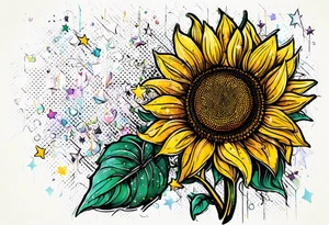 sunflower surrounded with little stars, tree and arrow tattoo idea