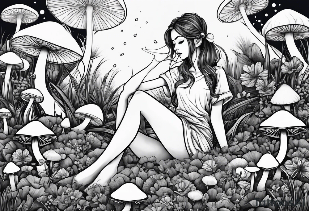 Girl sitting lotus position in field of mushrooms tattoo idea