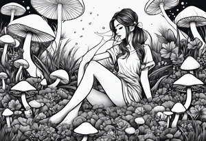 Girl sitting lotus position in field of mushrooms tattoo idea