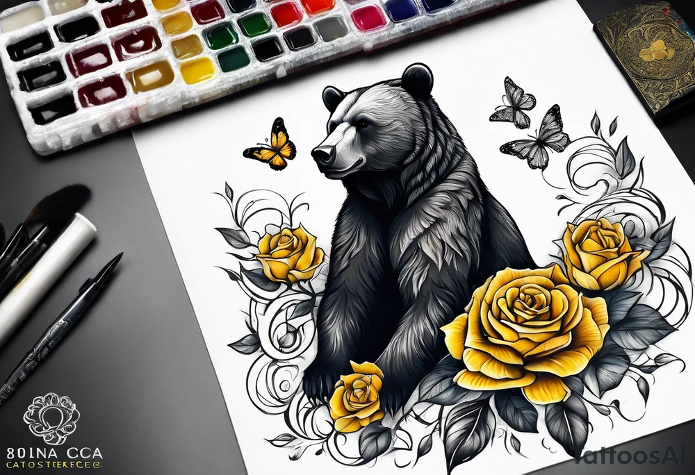 A bear sitting under the tree of life with three yellow roses, and three butterflies tattoo idea