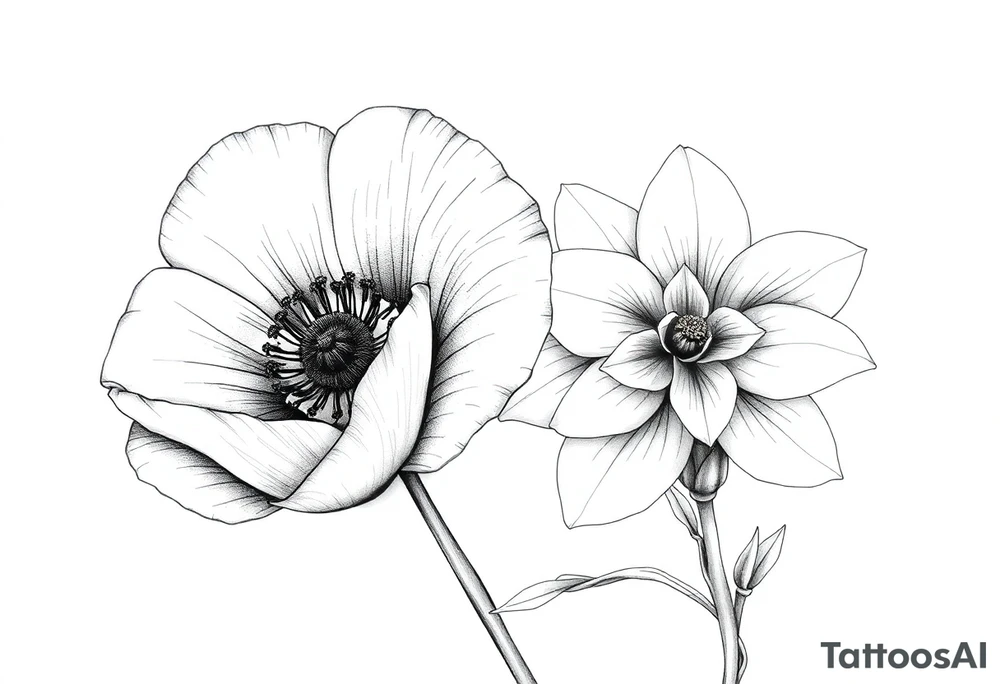 Large poppy flower next to a Narcissusflower tattoo idea