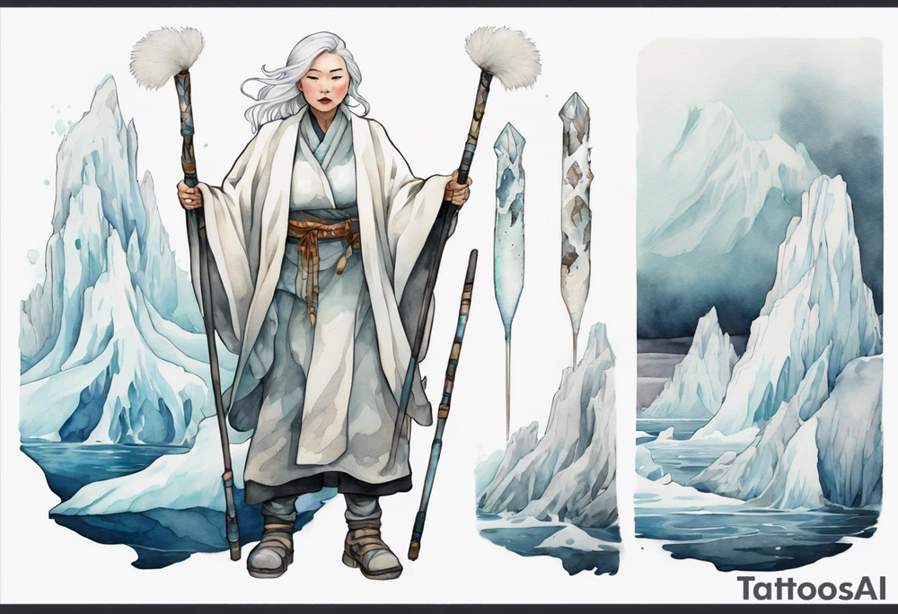 a 40 year old Inuit woman with white hair and a white robe holding a white staff, standing on an iceberg tattoo idea
