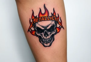 A fierce skull with the iconic Metallica "M" etched into it, surrounded by flames in shades of orange and red, symbolizing the band's fiery intensity. tattoo idea