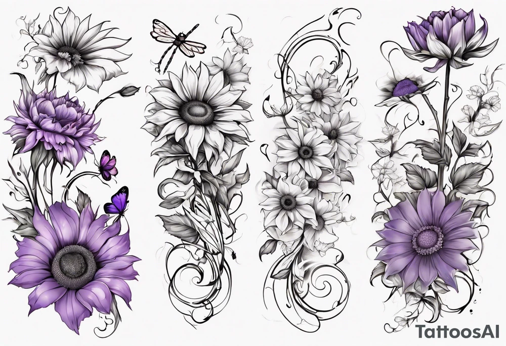 Arm sleeve, sunflowers, dragonflies, three cosmos flower, one violet, one carnation, vines , leaves and butterflies tattoo idea