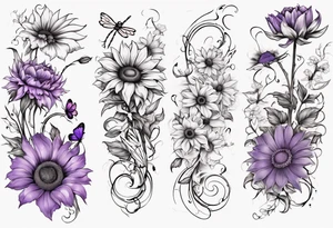 Arm sleeve, sunflowers, dragonflies, three cosmos flower, one violet, one carnation, vines , leaves and butterflies tattoo idea